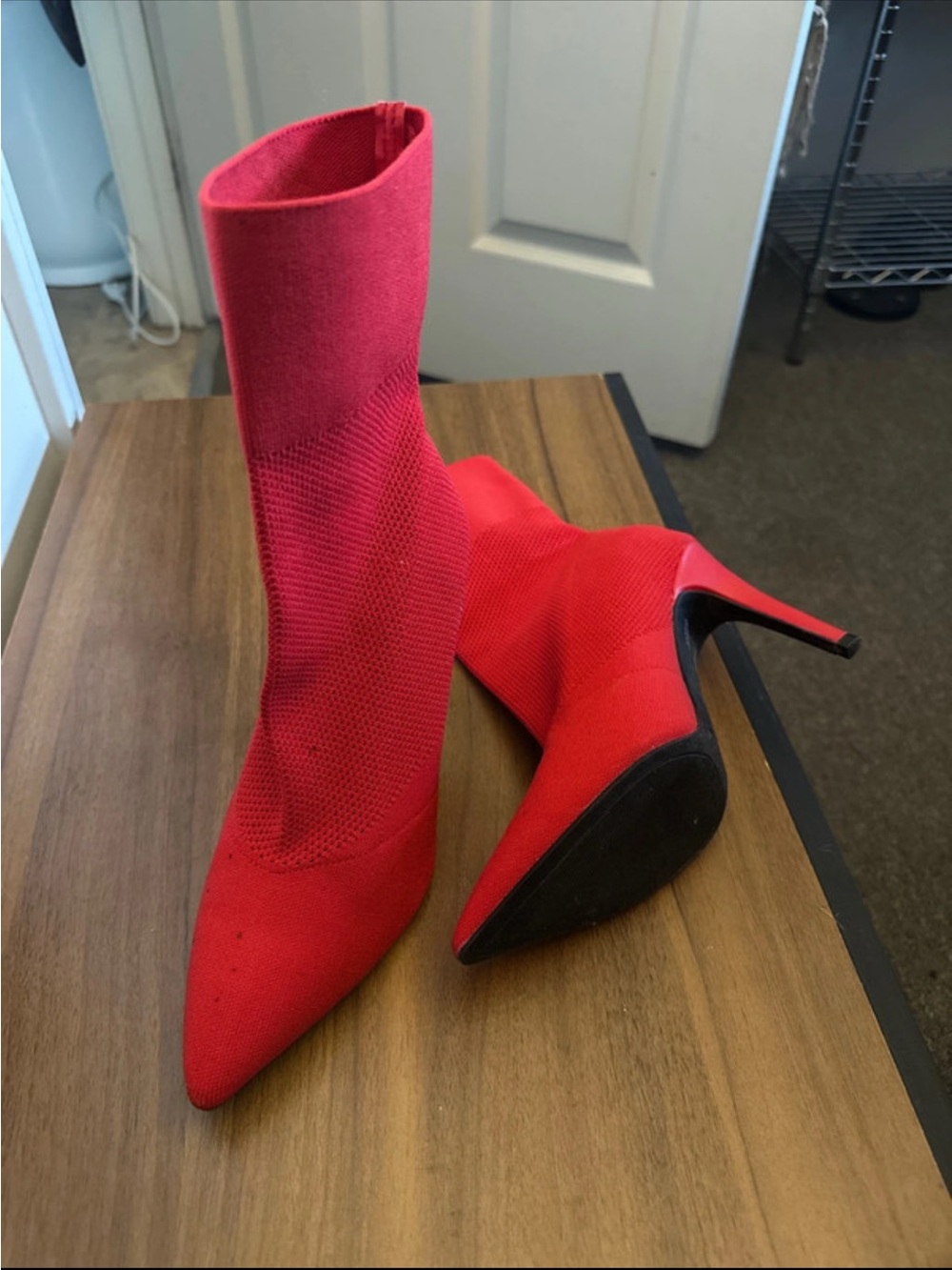 Unk Red Knit Pointed-Toe Stiletto Sock Boots - Women
